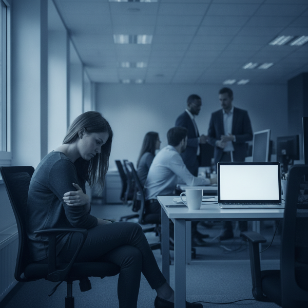 صورة تعبيرية لامرأة شابة تشعر بالوحدة وسط زملاء العمل، معتمدة على ألوان باردة وإضاءة خافتة.