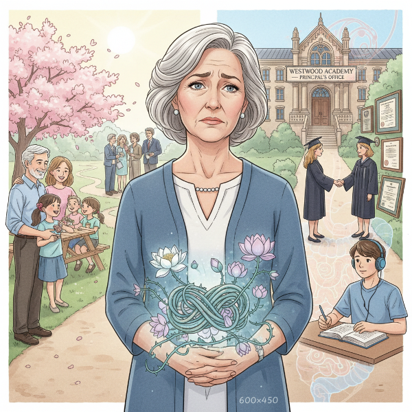 صورة رمزية لامرأة في منتصف العمر عند مفترق طرق بين حياة جديدة وأخرى سابقة، مع تصوير جسدي لأعراض القلق والقولون العصبي المتشابكة مع مشاعر الهوية والذنب.