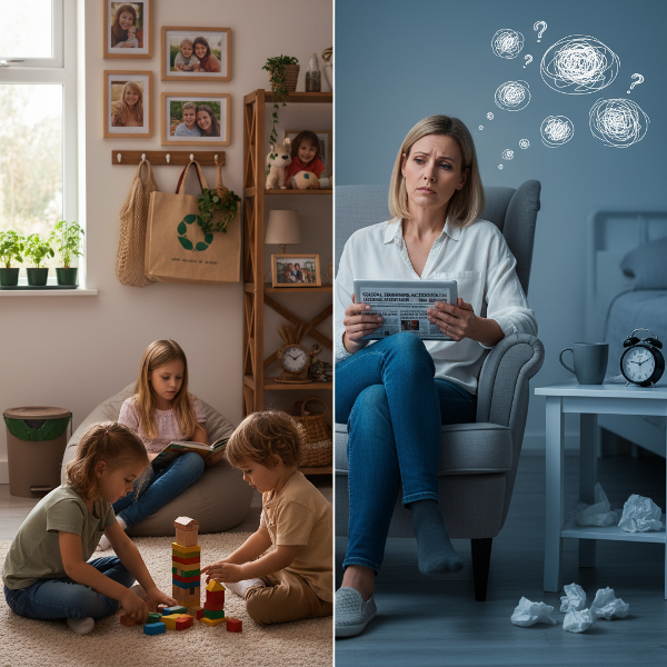 صورة لأم في الأربعينيات تبدو قلقة بينما تحمل جهازًا لوحيًا يعرض أخبارًا مقلقة، مع أطفالها يلعبون في الخلفية، تظهر تناقضًا بين القلق البنّاء والمدمر في جو عائلي دافئ.