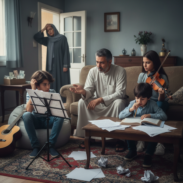 صورة لعائلة عربية تواجه تحديات مع اضطراب فرط الحركة وتشتت الانتباه عند الابن الأكبر، وغيرة الابنة الموسيقية، والصعوبات الدراسية للابن الأصغر، وسط ضغوط مالية وتوتر عاطفي.