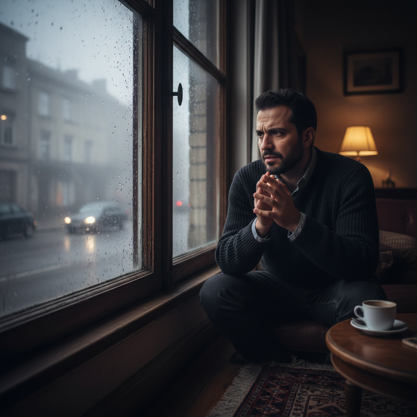 رجل عربي يشعر بالقلق والخوف من الخروج بعد حادث، ينظر من نافذة منزله إلى الشارع