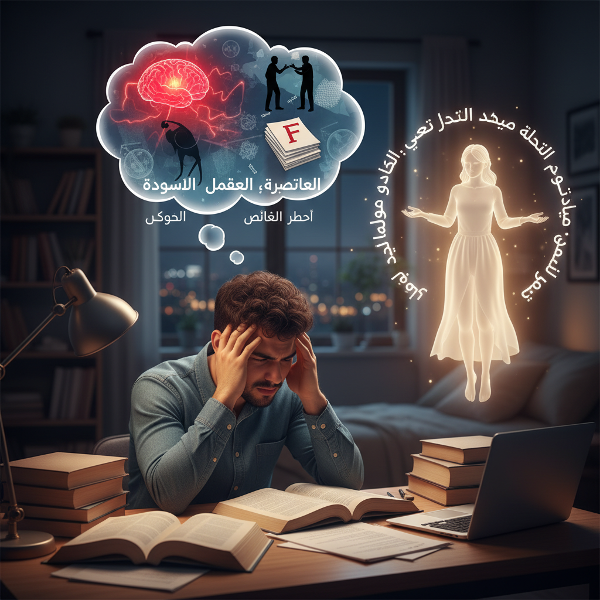 شاب يعاني من آلام جسدية ناتجة عن التوتر بين ضغوط الدراسة والخلافات العائلية، مع ظهور رموز للدعم النفسي والعلاج.