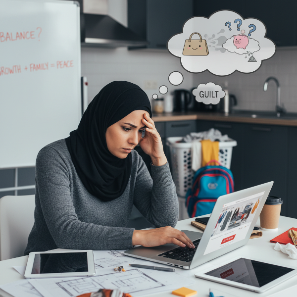 امرأة عربية في مكتبها تشعر بالضغط بين العمل الروتيني والمسؤوليات الأسرية، مع ظهور شاشة تسوق عبر الإنترنت تعكس صراعها الداخلي بين الرغبة في النمو المهني والاستقرار المالي.