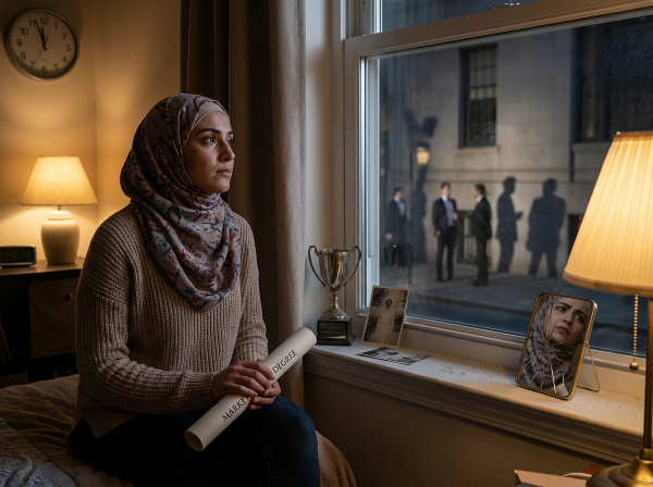 امرأة عربية في منتصف الثلاثينيات تبدو متفكرة تحمل شهادة علمية بينما تتأمل ظلال زملائها الناجحين، في غرفة هادئة ليلاً تتجنب المناسبات الاجتماعية، مع رموز خفية للشك الذاتي وإنجازات تتلاشى.