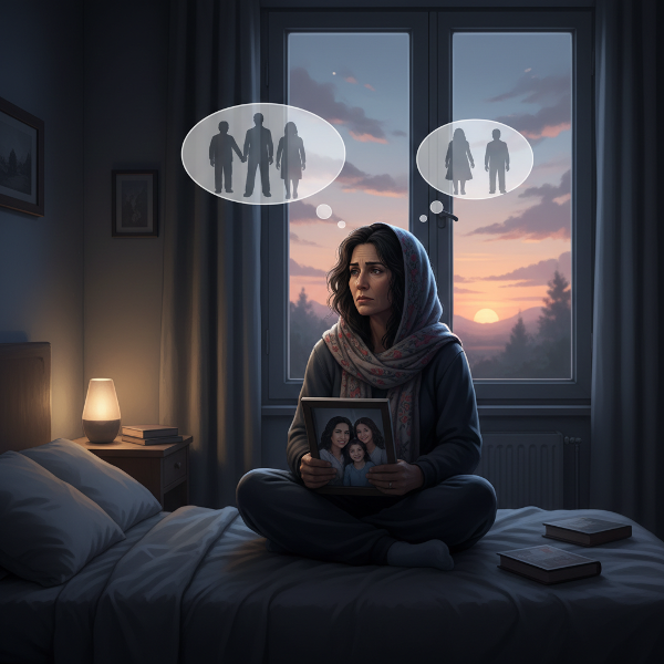 امرأة في منتصف العمر تجلس في غرفة نومها ليلاً وهي قلقة، مع ظهور رمزيات للشروق والأمل.