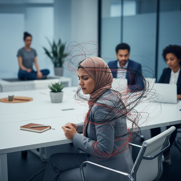 امرأة تعاني من آلام عضلية وصداع ناتج عن التوتر المهني، مع عناصر بصرية ترمز للضغط النفسي وأدوات العلاج مثل اليوجا والكتابة.