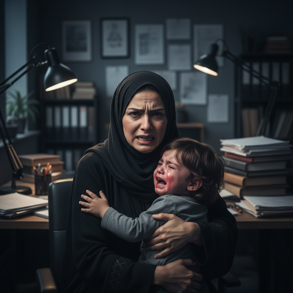 أم تقف بجانب طفلها الصغير الذي انسكب الحليب على الأرض، تبدو متوترة وغاضبة مع شعور بالذنب، في الخلفية مكتب عمل سام يظهر زملاء يتحدثون بسخرية.