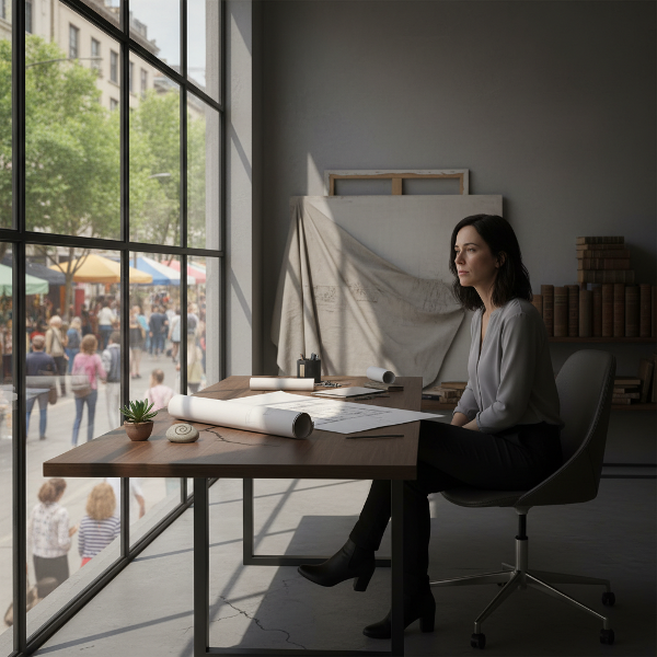 امرأة في أواخر الثلاثينيات، مهندسة معمارية، تجلس خلف زجاج سميك تشعر بالفراغ العاطفي واللامبالاة رغم نجاحها الظاهري، مع إشارات خفية لإعادة اكتشاف الذات.