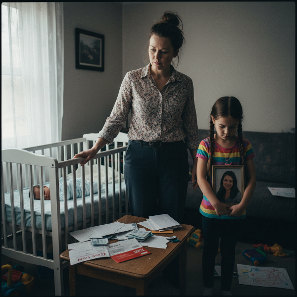 تصوير لمشهد عائلي معقد يظهر أمًا عزباء وزوجة أب جديدة تشعر بالعزلة والتوتر في منزلها مع ابنة زوجها الحزينة ورضيعتها، وسط ضغوط مالية.