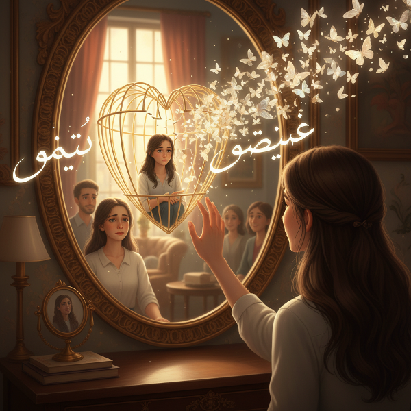 امرأة شابة تحطم قفصًا قلبيًا ذهبيًا يمثل إدمان إرضاء الآخرين، وتحرر فراشات تمثل صوتها واحتياجاتها الحقيقية.