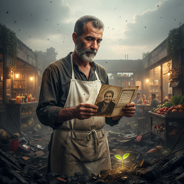 رجل يقف وسط رماد مطعمه المحترق، يحمل صورة لوصفات والدته، بينما تظهر صورة شبحية للمطعم القديم في الخلفية مع نبتة صغيرة تنمو من الرماد.