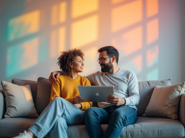 صورة توضح حوارًا هادئًا بين شريكين مع استعارة بصرية للتقلبات المزاجية، تعبر عن التفاهم والدعم في العلاقة.