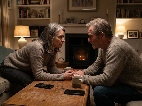 زوجان في منتصف العمر يجلسان في غرفة معيشة هادئة ليلاً يتحدثان بهدوء بعد نوم الأطفال، مع وضع الهواتف جانباً، في جو من التفاهم والراحة.