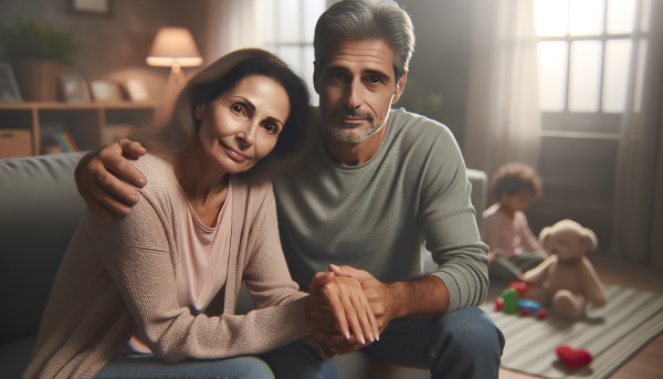 صورة تعبيرية لزوجين يتشاركان اللحظات العاطفية بعد الإنجاب، تظهر التفاهم واستعادة الحميمية في جو عائلي دافئ.