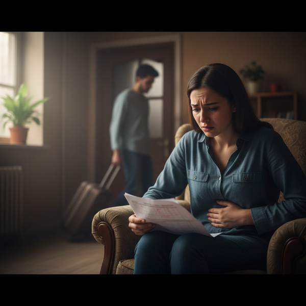 فتاة شابة تعاني من اكتئاب وألم جسسي مع خوف من فقدان العلاقة، تجلس في غرفة مظلمة تحمل أوراق امتحانات فاشلة بينما يقف شريكها حزينًا عند الباب بحقيبة سفر.