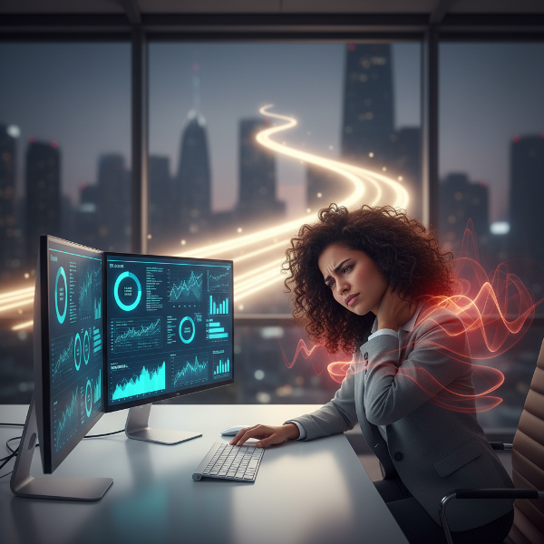 امرأة شابة تعاني من الإرهاق المهني وآلام جسدية أثناء عملها، مع إشارات بصرية للضيق الداخلي وإمكانية التغيير.