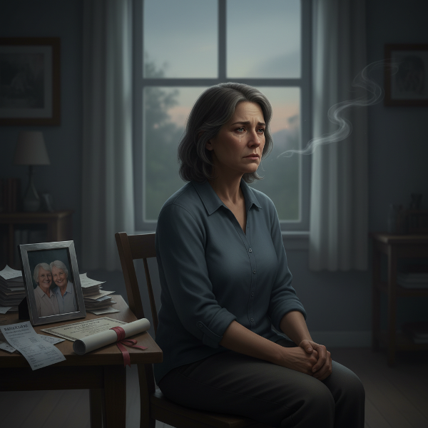 امرأة في الخمسينيات تجلس في غرفة مظلمة عند الغسق، محاطة بفواتير طبية وصورة لوالديها المتوفيين، تعبر عن الفراغ والذكريات المؤلمة بعد رعاية طويلة.