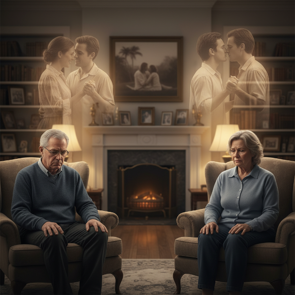 زوج مسن يجلس مع زوجته في صمت، مع وجود مسافة عاطفية بينهما، بينما تظهر ذكريات مشرقة من ماضيهما في الخلفية.