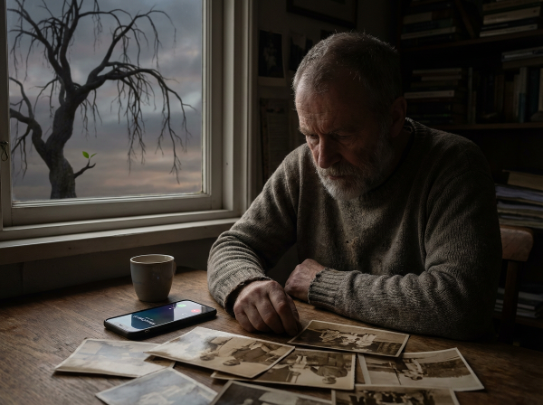 رجل في الستينيات من عمره يجلس وحيدًا في غرفة خافتة الضوء، ينظر إلى صور عائلية قديمة، بينما يسلط ضوء نافذة خافت دفئًا على هاتف به مكالمات فائتة، مع شجرة رمزية خارج النافذة تمثل الاكتئاب ولكن بغصن يظهر برعمًا أخضر صغيرًا للأمل.