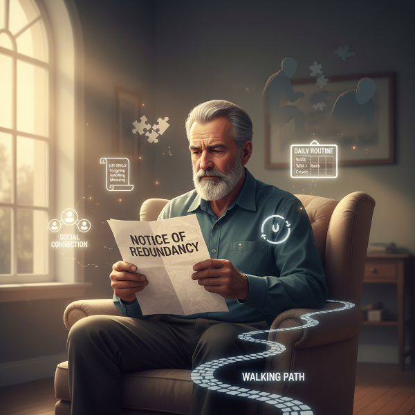 رجل في منتصف العمر يجلس في غرفة هادئة، محاطًا برموز لفقدان العمل والاكتئاب، بينما تبدأ خطوات عملية صغيرة بالظهور حوله كعلامات على الأمل واستعادة السيطرة.