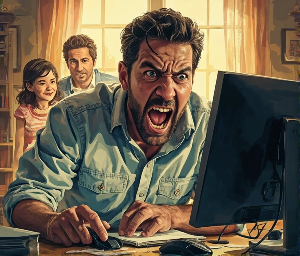 صورة تعبر عن غضب رجل في العمل عن بعد وتأثيره على عائلته، مع عناصر الكمبيوتر والفأرة المكسورة.