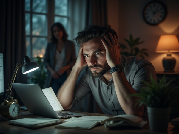 رجل يشعر بالإرهاق العاطفي بسبب العمل الطويل، مع صراع داخلي بين ضغوط المهنة والرغبة في علاقة حميمة مع زوجته.