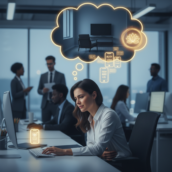 امرأة تشعر بالإرهاق والعزلة في عملها، مع ظهور أعراض جسدية للتوتر، وبداية أمل من خلال ممارسات اليقظة وإعادة التواصل الهادف.