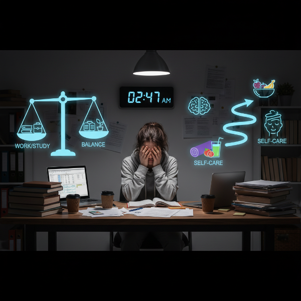طالبة جامعية تعاني من الإرهاق بين الدراسة والعمل، مع رموز للتوازن والرعاية الذاتية.