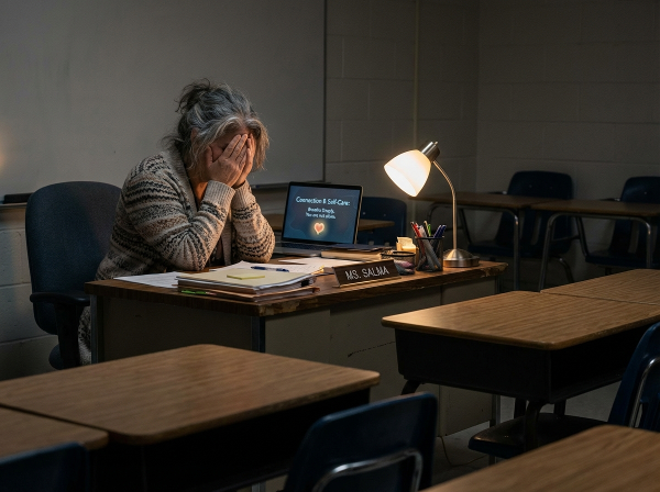 صورة لمعلمة تشعر بالإرهاق العاطفي والوحدة في فصل دراسي، مع إشارات بصرية للأمل والطرق المقترحة للتعامل مع هذه المشاعر.