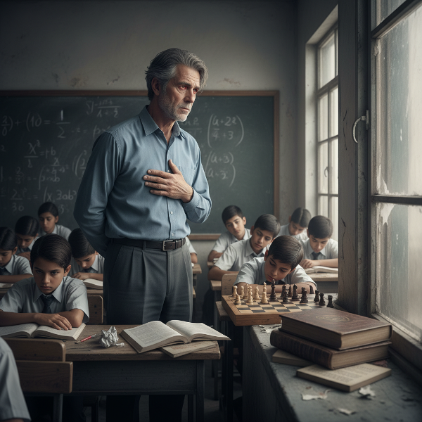 صورة لمعلم رياضيات في الخمسينيات من عمره داخل فصل دراسي حكومي مزدحم، يبدو عليه الإرهاق والانفصال عن محيطه. يظهر وهو واقف أمام سبورة مليئة بالمعادلات لكن بنظرة غائبة، بينما تبدو على وجوه الطلاب نظرات فارغة. ترمز الألوان الباهتة والهوايات المهملة خارج النافذة إلى الاحتراق النفسي وفقدان الشغف.
