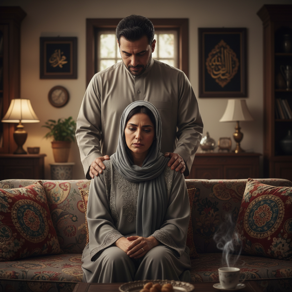 امرأة منهكة تجلس وزوجها يدعمها بيده على كتفها.