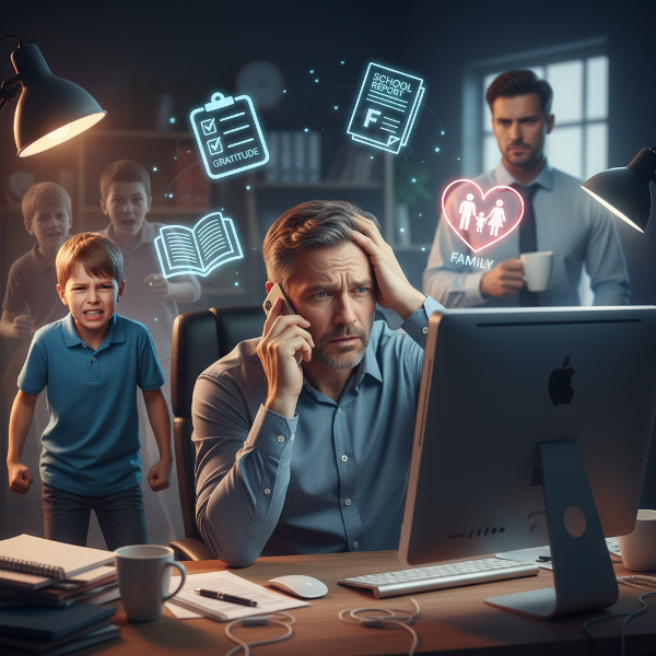 رجل محاصر بين أزمة ابنه في المدرسة وضغوط العمل السام، مع رموز للمسؤوليات المتضاربة.