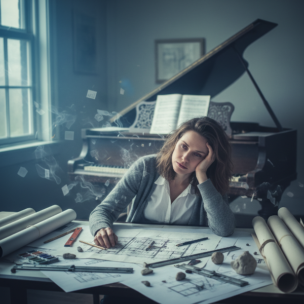 صورة لمهندسة معمارية تعاني من الإرهاق الشديد وفقدان الشغف، تجلس منهكة أمام مخططات معمارية مع بيانو مهمل في الخلفية، تعكس صراعها بين العمل والإبداع.