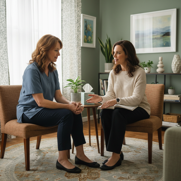 صورة تعبيرية لطبيبة نفسية تقدم الدعم لامرأة تعاني من توتر في علاقتها الحميمة بسبب صدمات طفولتها، في جو يبعث على الأمان والتفهم.