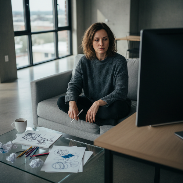 امرأة في الأربعينيات تشعر بالفراغ واللامبالاة تجلس في شقتها الحديثة تحدق في شاشة كمبيوتر فارغة، محاطة بأدوات فنية غير مستخدمة.