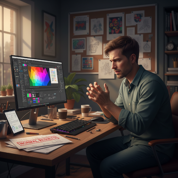 مصمم جرافيكي حر يشعر بوخز في يديه أثناء الضغط المهني، مع فحوصات طبية طبيعية، يجلس بمكتبه محاطًا بأدوات التصميم.