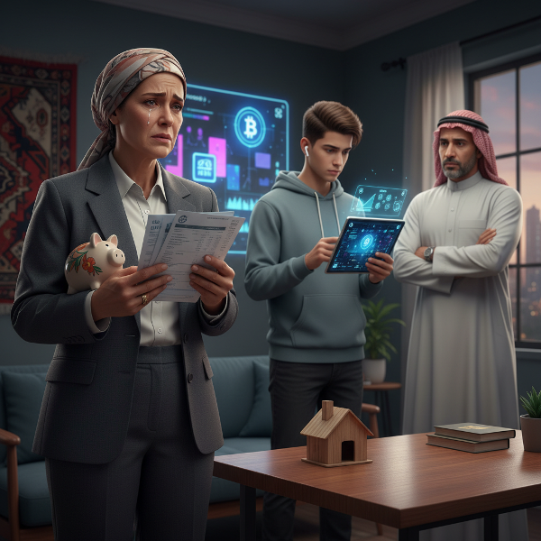 صورة تعبر عن صراع جيلي وصراع داخلي لأم بين هويتها المهنية المالية ودورها العائلي، مع وجود رموز للتمويل التقليدي والعالم الرقمي.