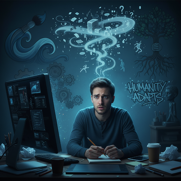 صورة تعبيرية لشاب مصمم يواجه قلق المستقبل المهني بسبب الذكاء الاصطناعي، مع عناصر ترمز للتوازن بين التكيف التقني والسلامة النفسية.