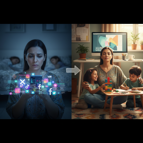صورة مجازية لامرأة تنتقل من الإدمان على وسائل التواصل إلى التوازن العاطفي والعائلي، تظهر الصراع بين العالم الرقمي الفوضوي والبدائل الواقعية الهادئة.
