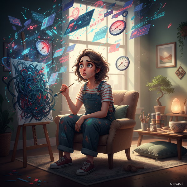 امرأة تشعر بالضغط والغضب في شقتها الحديثة، محاطة برموز للضغط المهني والعاطفي، مع تلميح لعلاج فني هادئ.