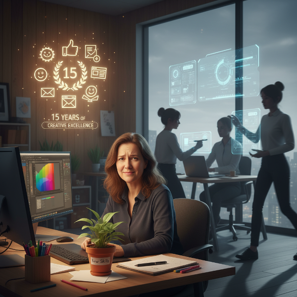 مصممة جرافيك تشعر بالصراع بين خبرتها الطويلة وضغوط التقنيات الحديثة، مع بصيص أمل للنمو.