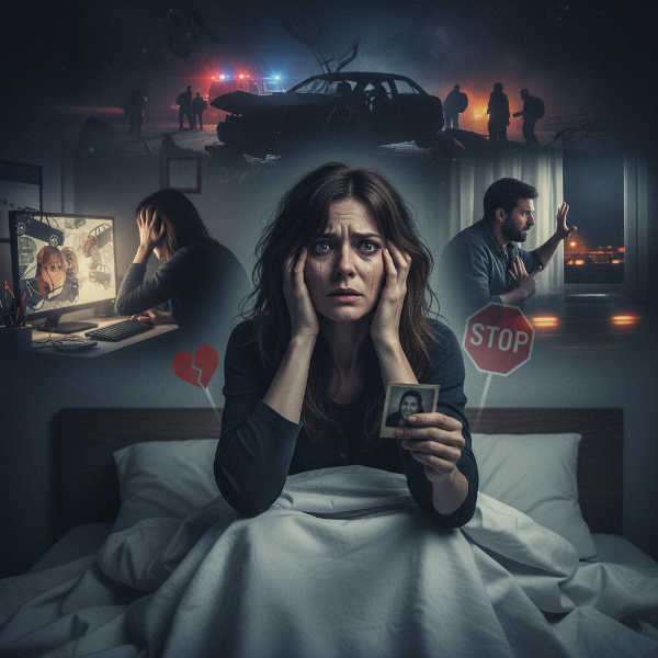 امرأة تعاني من صدمة بعد مشاهدة حادث مروري مروع، مع كوابيس وخوف من ركوب السيارة وصعوبات في العمل والعلاقات.