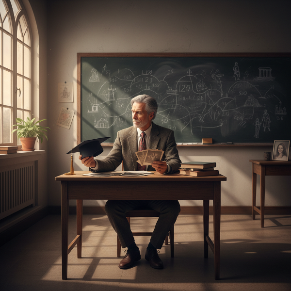 مدرس تاريخ في الخمسينيات يجلس في فصل دراسي فارغ، يتأمل صورًا عائلية قديمة بينما يحيط به إرث مهني وحزن شخصي، في مشهد يعبر عن البحث عن معنى جديد بعد خسائر كبيرة.