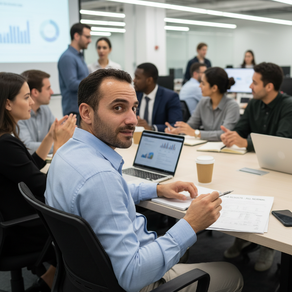 رجل في اجتماع عمل يظهر عليه أعراض جسدية مفاجئة مثل تسارع القلب والتعرق مع وجود تقارير طبية سليمة، مما يعكس طبيعة الأعراض النفسجسمية.