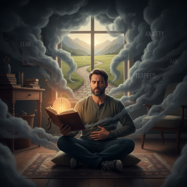 رجل في غرفة مظلمة محاط بسحب أفكار سلبية، يحاول فهم نفسه من خلال كتابة أحلامه وتمارين التنفس بينما يتردد في الخروج بسبب الرهاب.