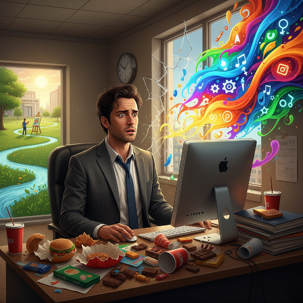 رجل يعاني من التوتر الوظيفي وإدمان الطعام، مع صراع بين روتينه الإداري ورغبته الداخلية في الإبداع والتجديد.