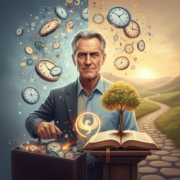 رجل في الستينيات يحول ضغوط العمل والحياة الشخصية إلى فرص للنمو الذاتي، يظهر مشهد تحولي بين الفوضى والتنظيم مع رموز النمو والهدوء.