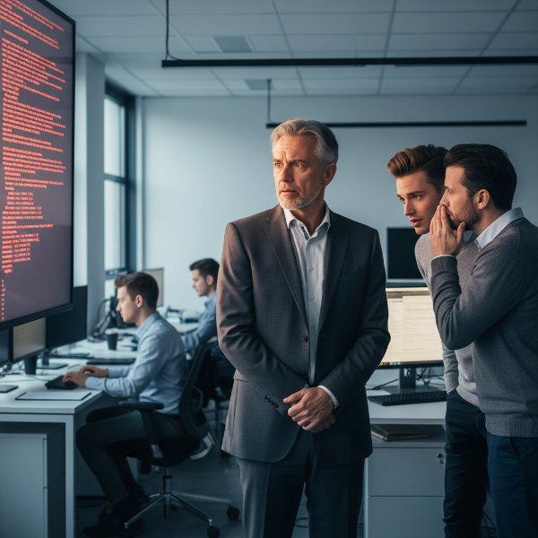 رجل في منتصف العمر يشعر بعدم الأمان في بيئة عمل حديثة أمام زملاء أصغر سناً، مع التركيز على تعابير قلقه وحكمته الداخلية.