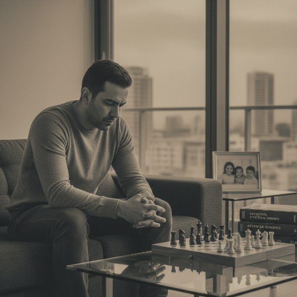 رجل في الأربعينيات يجلس وحيدًا في غرفة معاصرة، محاطًا بهواياته وعائلته، لكنه يبدو فارغًا ومنفصلاً عن كل شيء حوله، مما يعكس الشعور بالفراغ وفقدان المعنى.