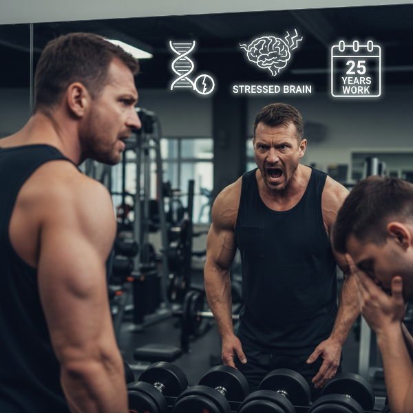 رجل في منتصف العمر ينظر لانعكاسه في المرآة حيث يرى نفسه منفعلًا، مع رموز خلفية توضح أسباب غضبه الداخلي من تغيرات هرمونية وإرهاق تراكمي.